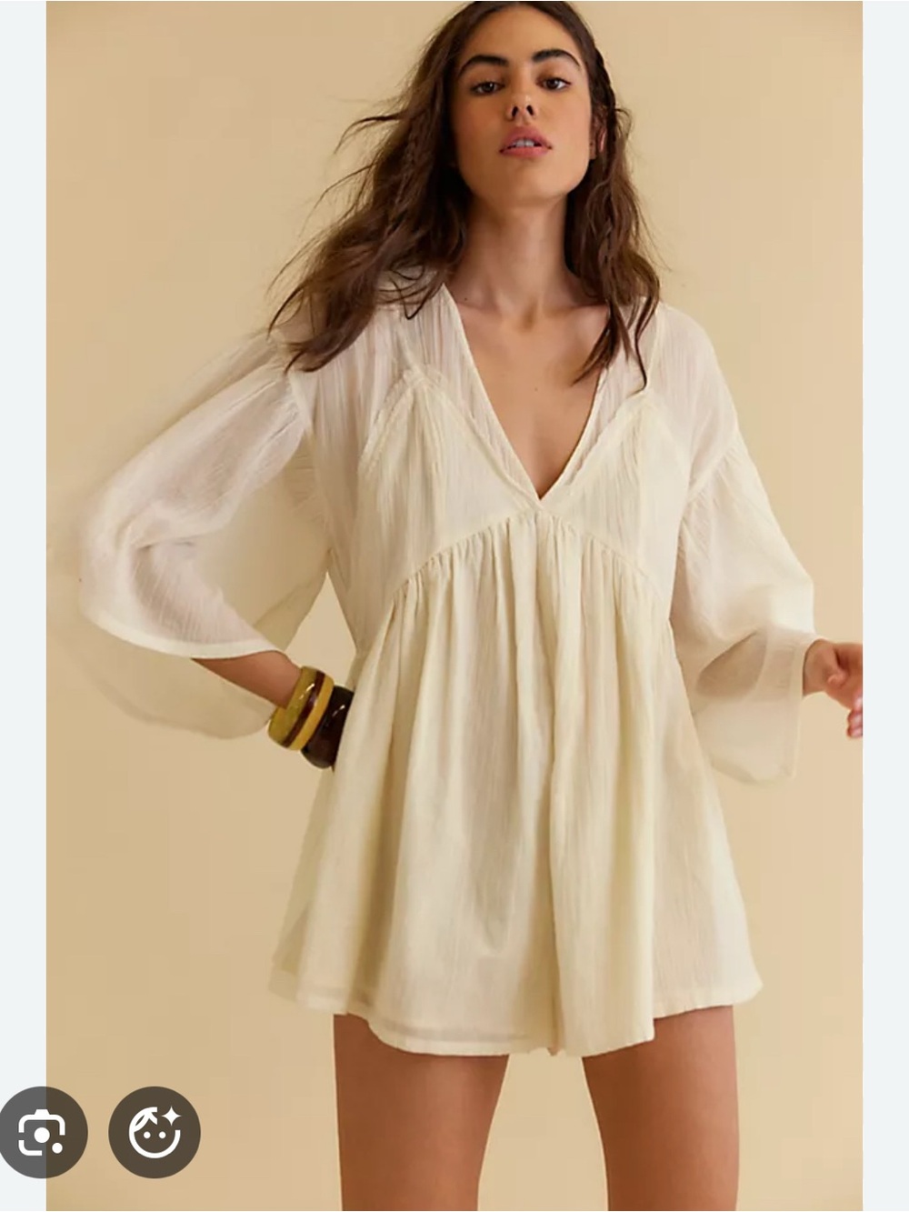 Free People Cream Gauzy V-Neck Babydoll Dress
